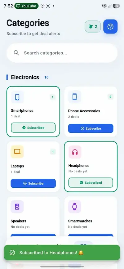 Subscribe to category for deals