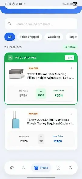 TrackDeals price tracking dashboard - monitor Amazon Flipkart 24/7