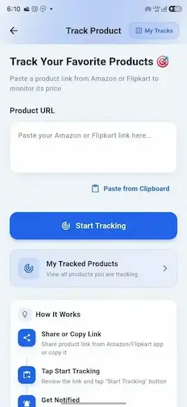Paste Amazon Flipkart link in TrackDeals price tracker app