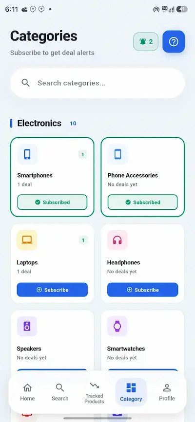Shopping categories screen